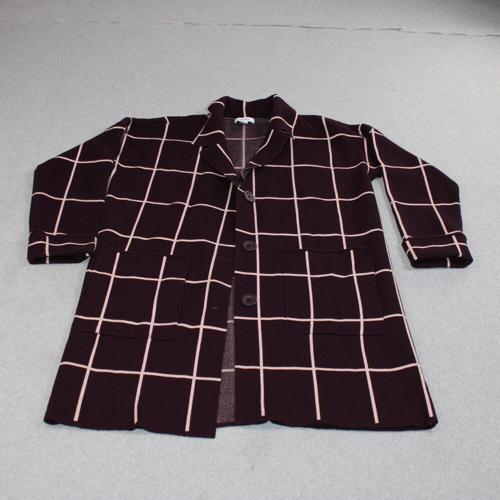 Nine West Coatigan Women Large Purple Windowpane Jacket 3/4 Sleeve Duster Stretc